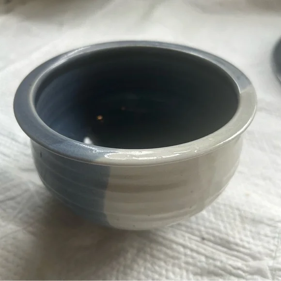 Art Studio Pottery Ceramic Serving Dish with Bowl Chip Dip Appetizer Blue Signed